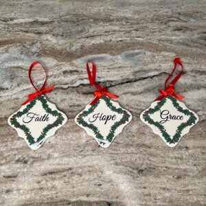 Set Of 3 Ceramic Christmas Ornaments With Faith Hope Grace & Holly Wreaths